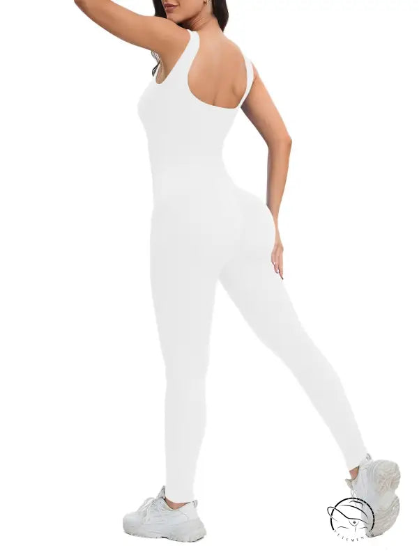 Breathable seamless knitted langry peach hip slim fit white backless jumpsuit