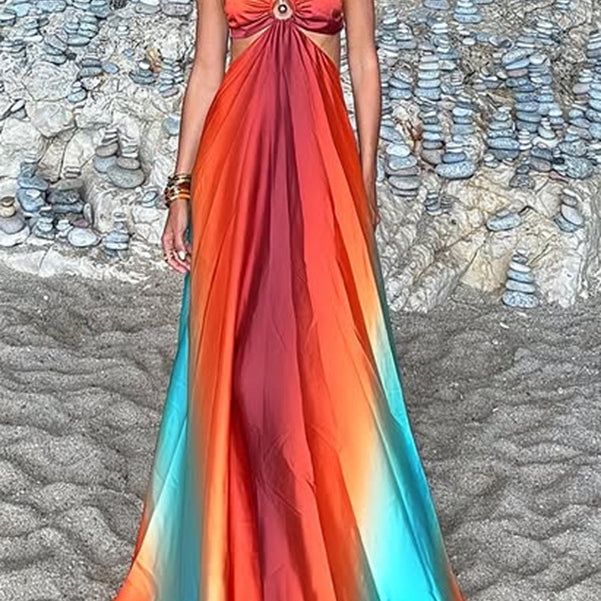 Empire-waist maxi dress with orange to turquoise ombré gradient for Exquisite Beach Dress