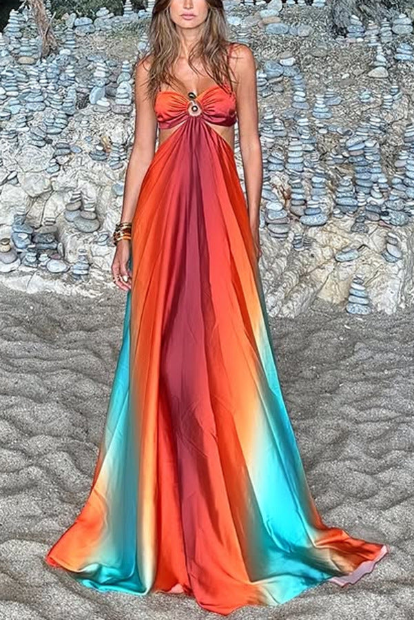 Empire-waist maxi dress with orange to turquoise ombré gradient for Exquisite Beach Dress