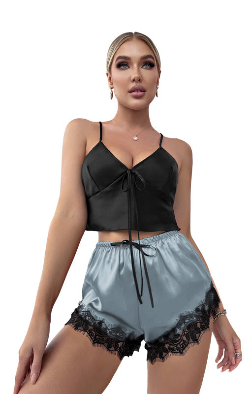 Langry fashion ملابس: grey satin lace trim shorts with black drawstring waistband