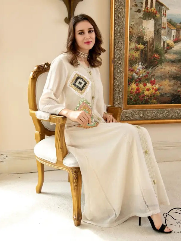 Langry embroidery floral loose dress with cream high neckline and long sleeves