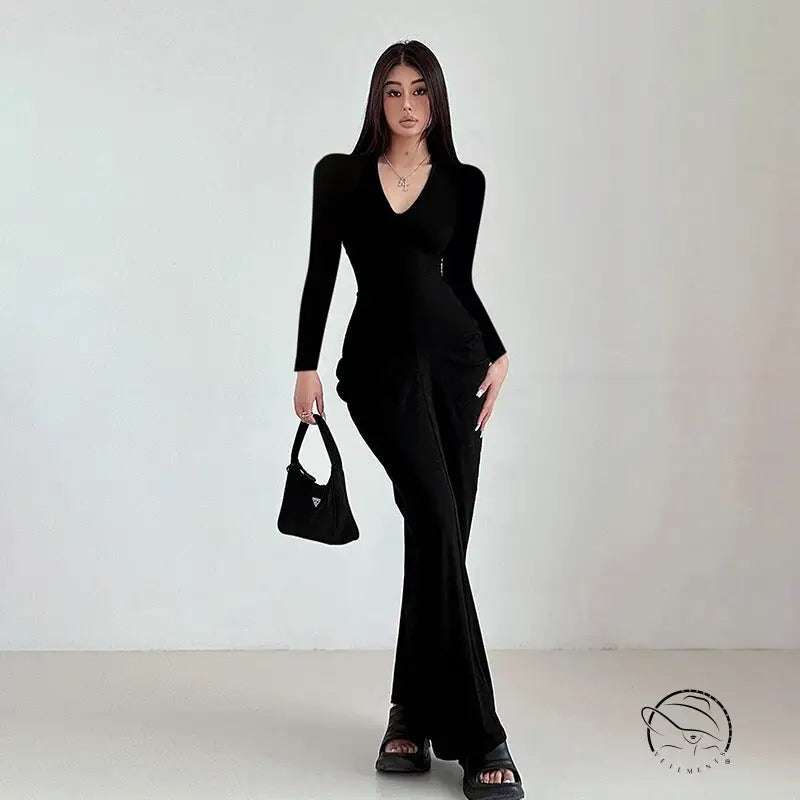 Stylish langry fashion black jumpsuit with v-neck and flared legs