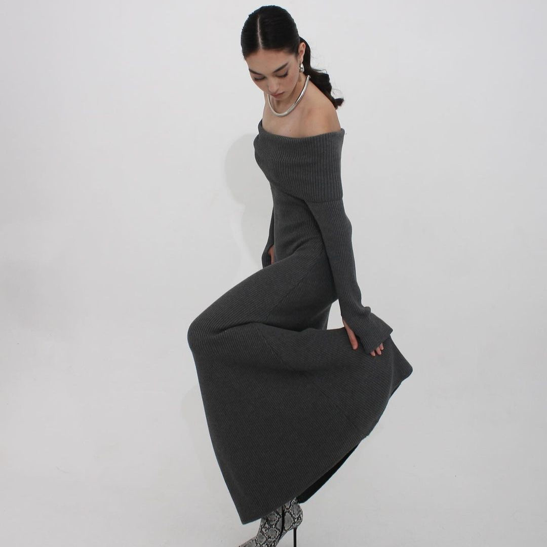 Elegant off-shoulder formal dress with gray knit fabric and snake print boots for stylish fashion