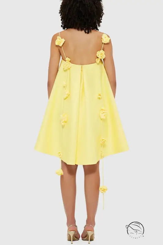 Yellow floral-embellished casual loose vacation dress