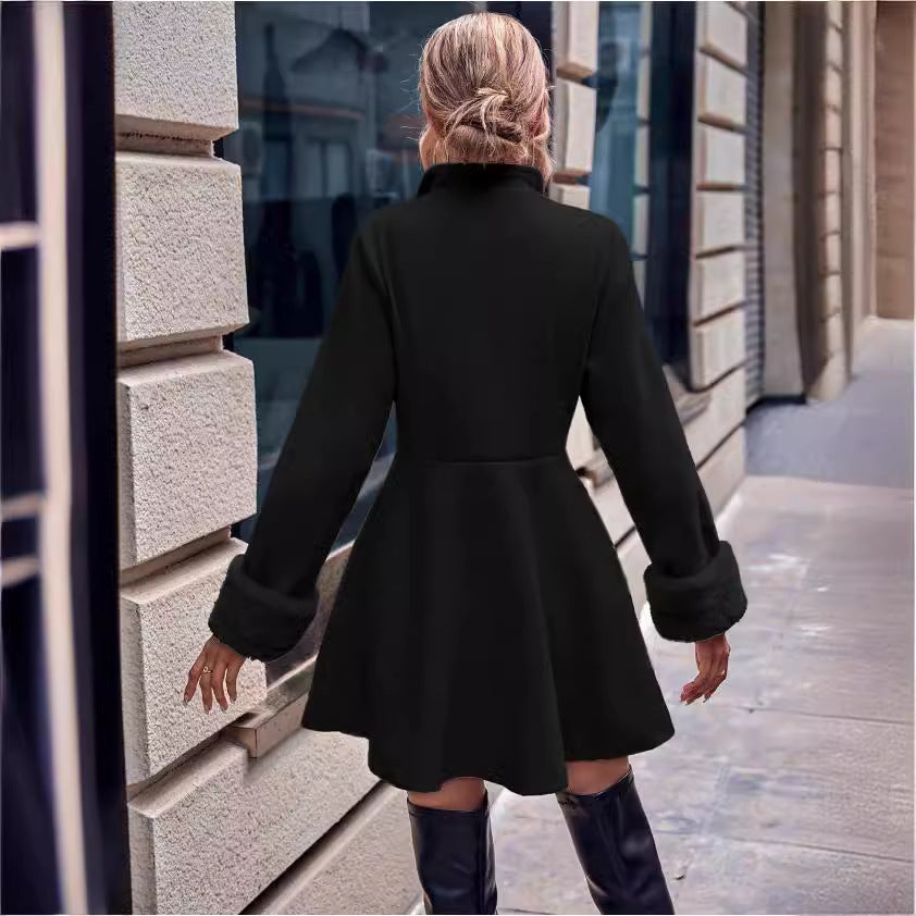 Black fit-and-flare coat from Leopard Print Office V Neck Long Sleeve Coat collection, perfect for langry fashion and ملابس elegance