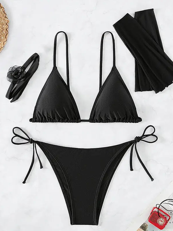 Black four piece set swimwear bikini in solid color