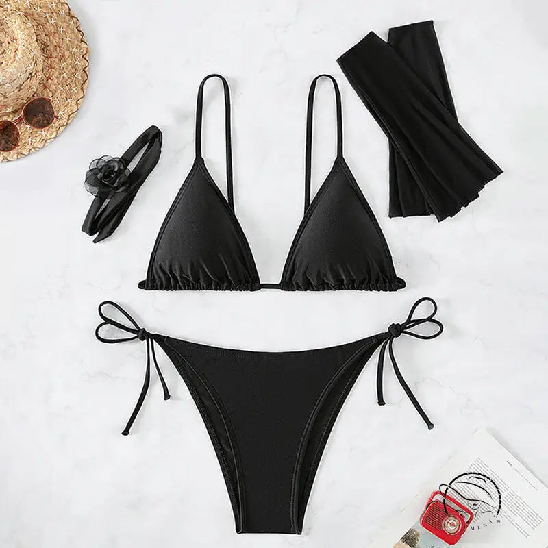 Black four piece set swimwear bikini in solid color