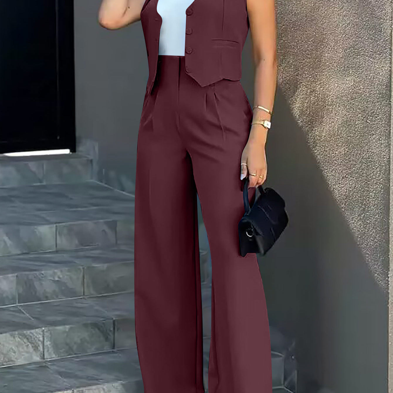 Elegant Burgundy Vest and Wide-Leg Pants Set for Stylish Fashion ملابس