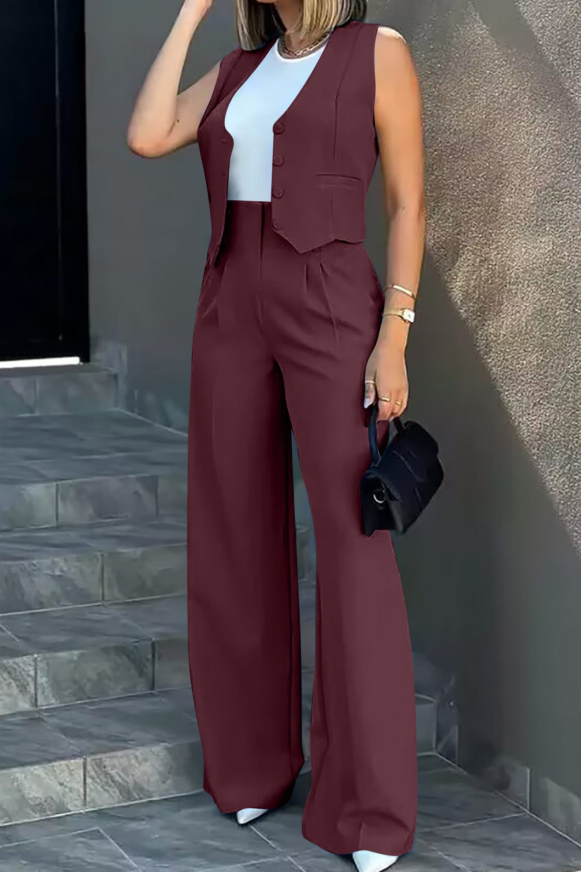 Elegant Burgundy Vest and Wide-Leg Pants Set for Stylish Fashion ملابس