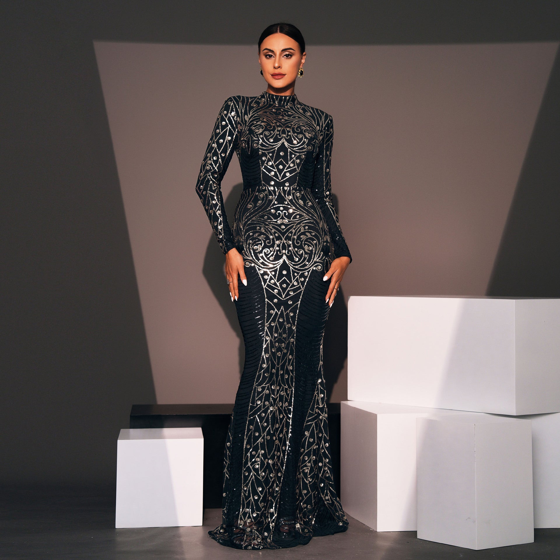 Elegant black and silver long sleeve fashion gown from Evening Dress Long Sleeve Crew Neck collection
