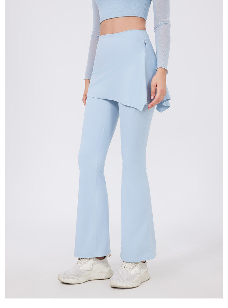 Light blue high-waist flared yoga pants with hip lifting nude feel and white sneakers