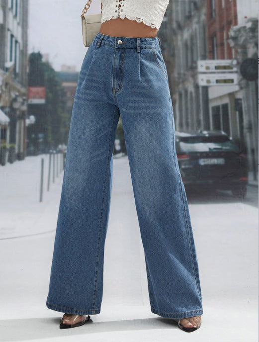 High-waisted wide-leg denim trousers with pleats, stylish and flattering for a modern look