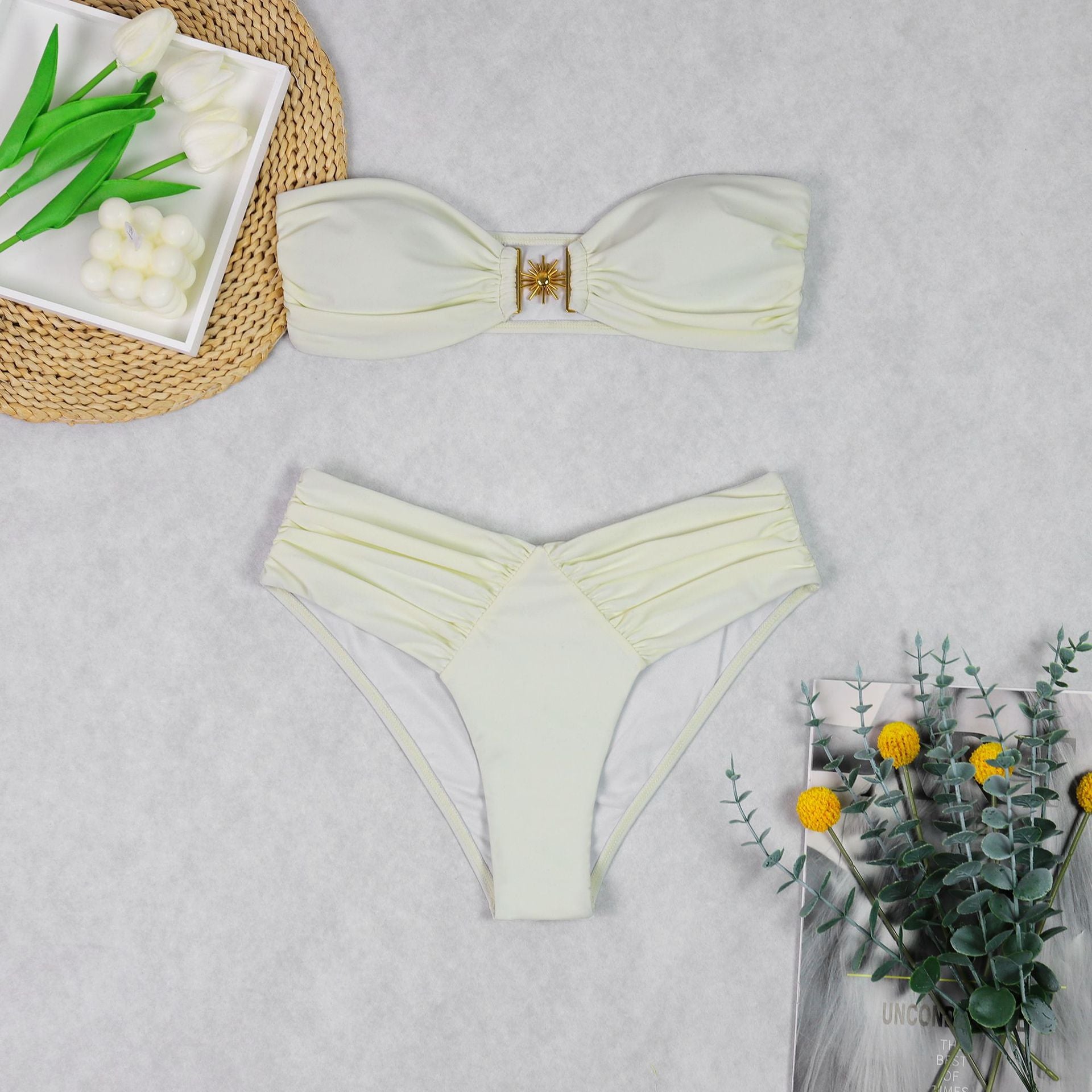 Gorgeous White Tube Top Bikini featuring a strapless bandeau top and ruched bottom for fashion