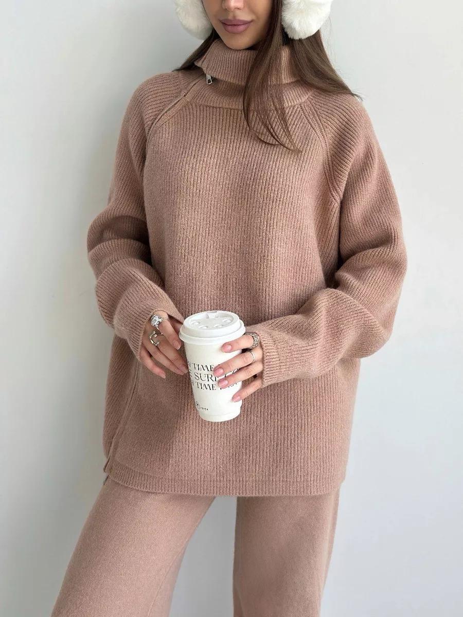 Cozy knitwear set featuring High Collar Zipper Knitted Sweater Suit for trendy ملابس fashion