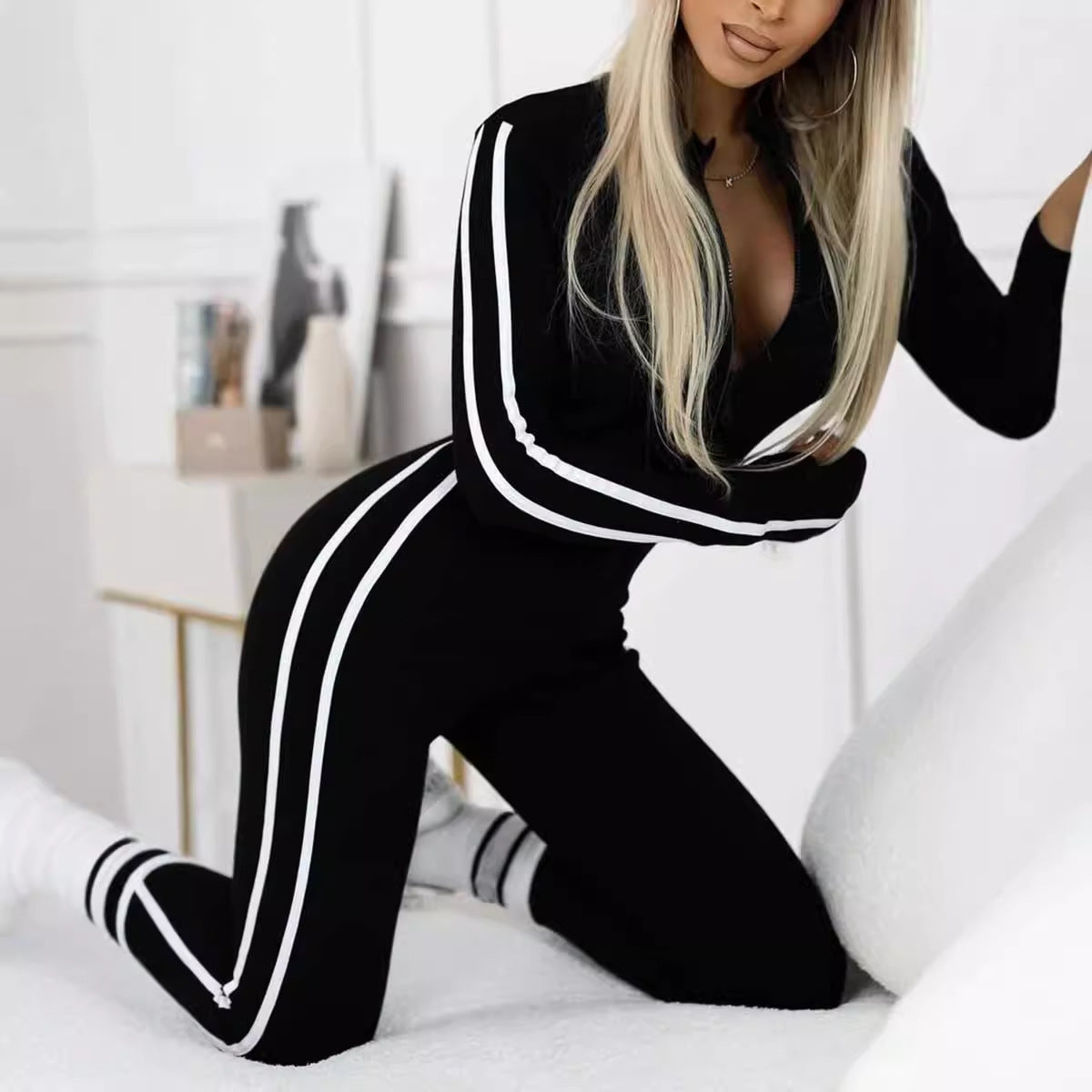 Winter Slim Striped Half Zipper Jumpsuit featuring a black design with white stripes