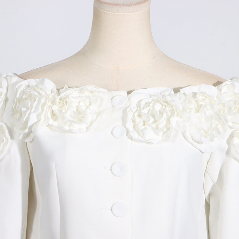 White off-the-shoulder dress with floral embellishments for summer fashion ملابس