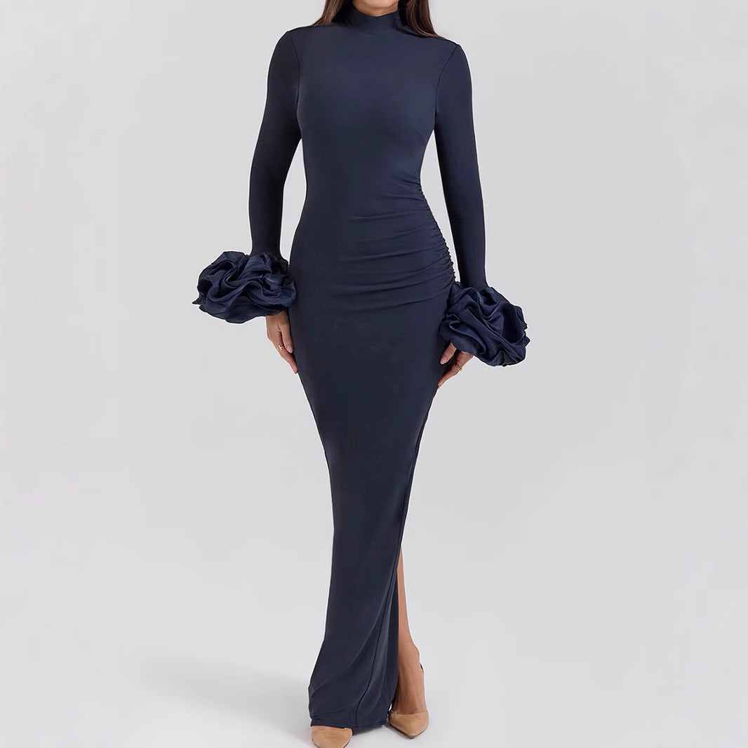 Navy blue long-sleeved high-neck split dress with ruffled cuffs for elegant fashion style