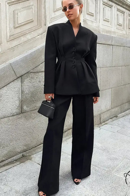 High Grade Pleated Waist Tight Blazer Trousers Two Piece Set