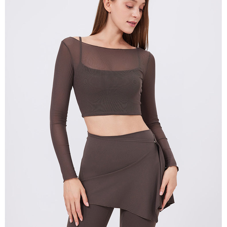 Faux Two Piece Mesh Sports t Shirt Women Long Sleeve with Chest Pad Yoga Clothes Cropped Top Quick Drying Slimming