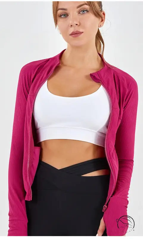 Fuchsia ribbed long-sleeve slim fit yoga jacket with stand-up collar