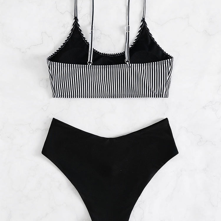 Striped high waist triangle bikini set displayed, stylish waist triangle bikini ensemble