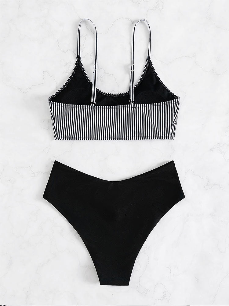Striped high waist triangle bikini set displayed, stylish waist triangle bikini ensemble