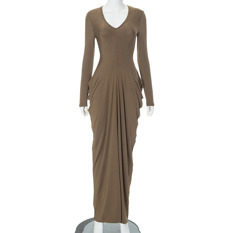 Long-sleeved taupe evening gown with draped sides and V-neckline in fashion ملابس