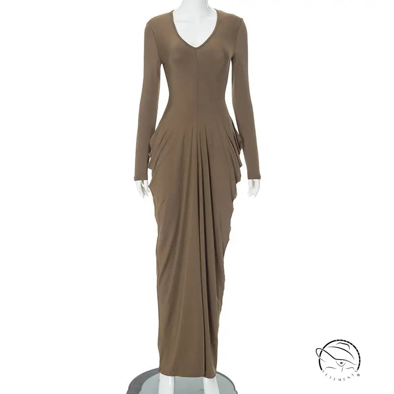 Elegant taupe langry fashion evening gown with draped sides and V-neckline
