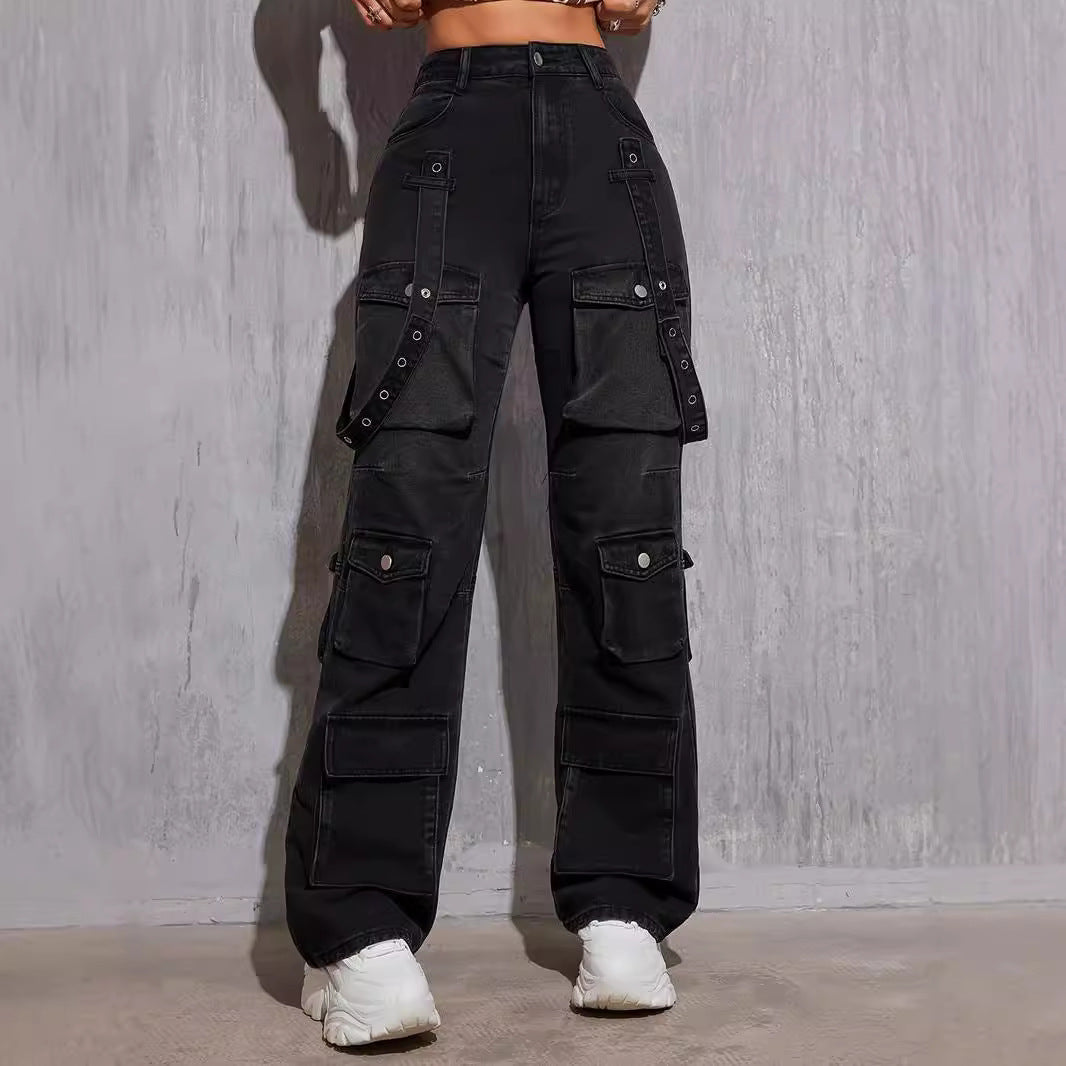 Black denim cargo pants with multiple pockets and strap details for hip hop fashion