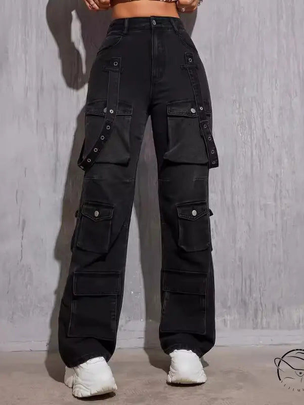 Trend hip hop black denim high elastic cargo pants with pockets