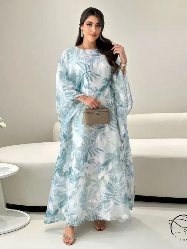 Light blue floral langry maxi dress with embroidered batwing sleeves
