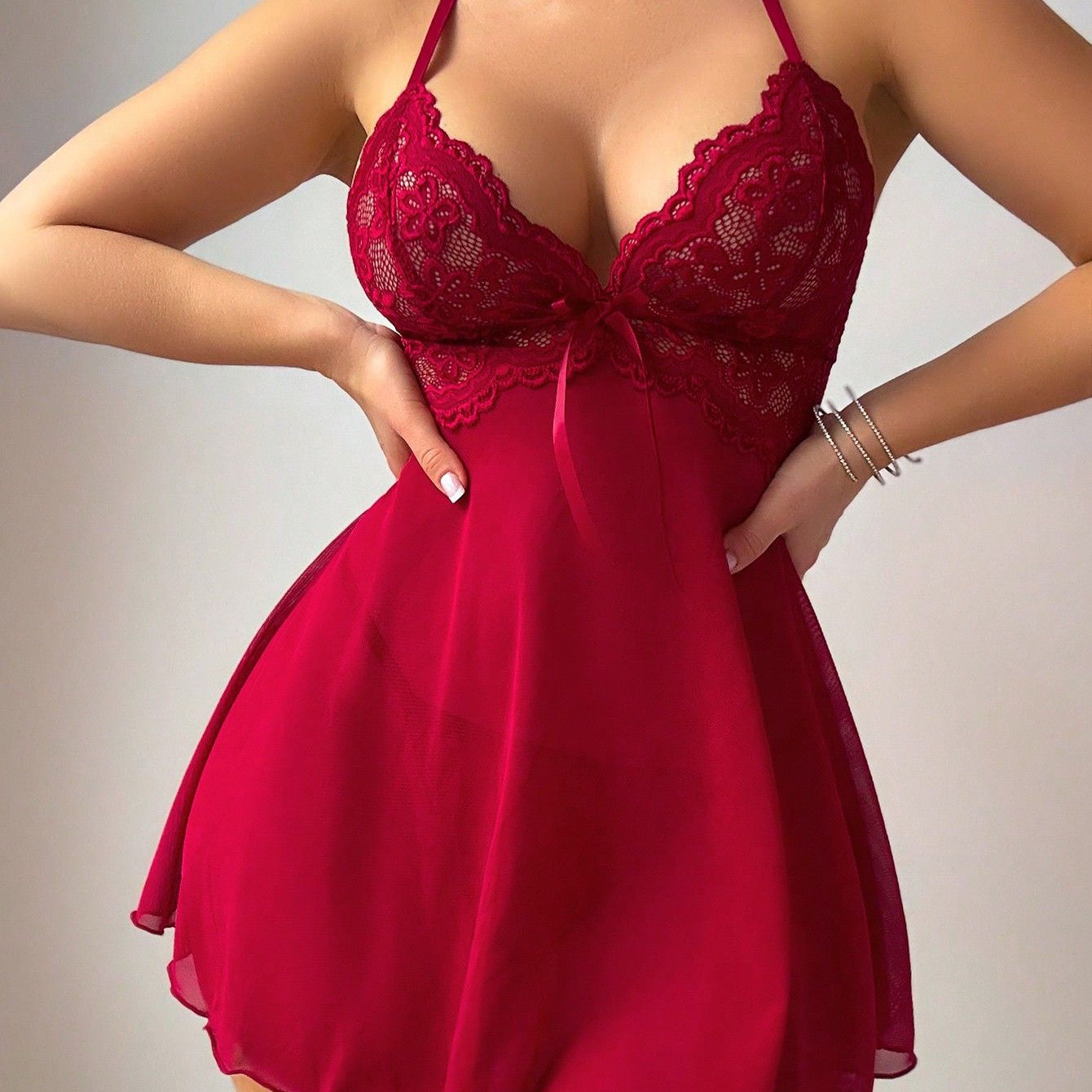 Button Strap Lingerie Lace Pleated Hem Underwear Set