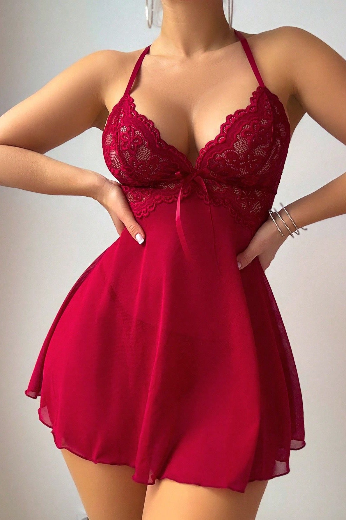 Button Strap Lingerie Lace Pleated Hem Underwear Set