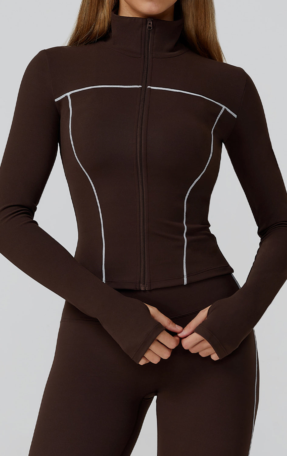 Langry brown zip-up windproof slim jacket with white piping, high collar fashion ملابس