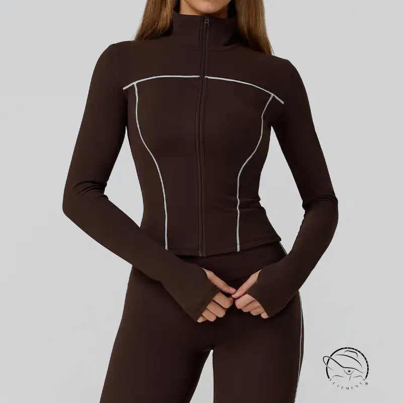 Brown langry warm zipper windproof slim jacket with white piping