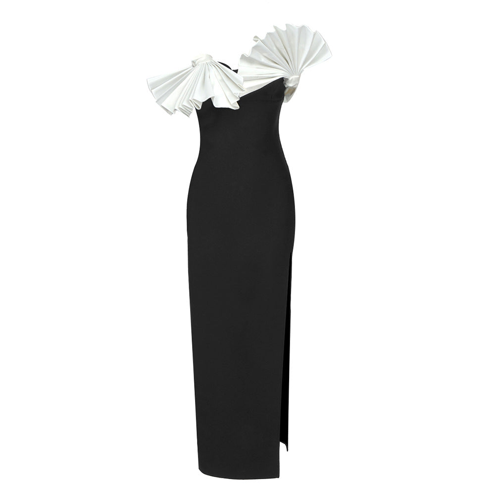 Elegant Black White Strapless Dress featuring a black evening gown with white ruffles