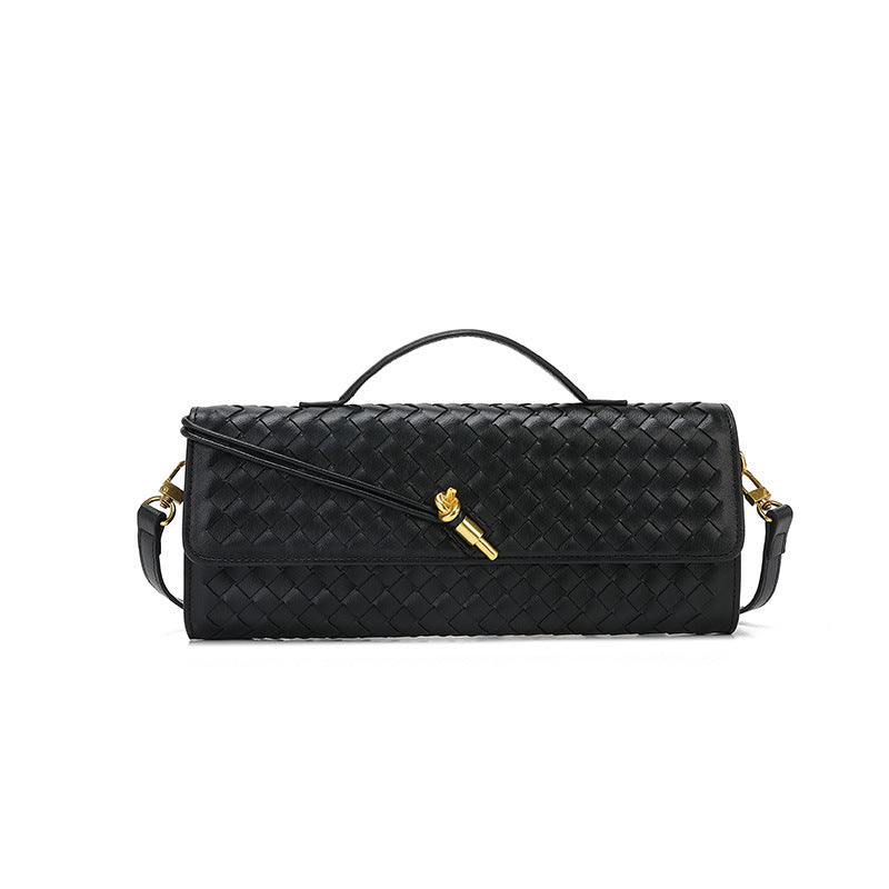 Black woven leather handbag from the Soft Leather Mid Ancient Baguette Bag collection