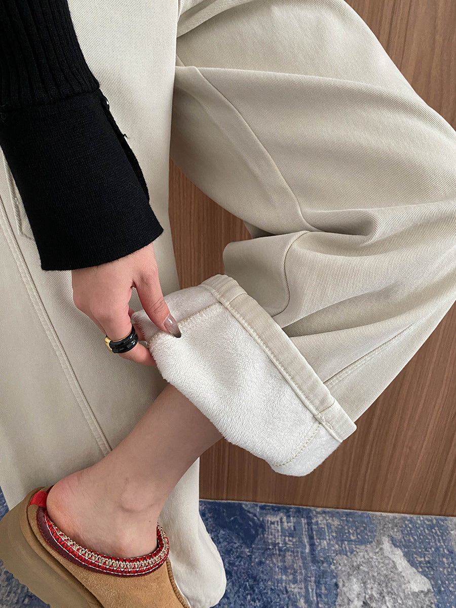 Cream-colored wide-leg pants with rolled cuff hem from Street Design for trendy fashion ملابس