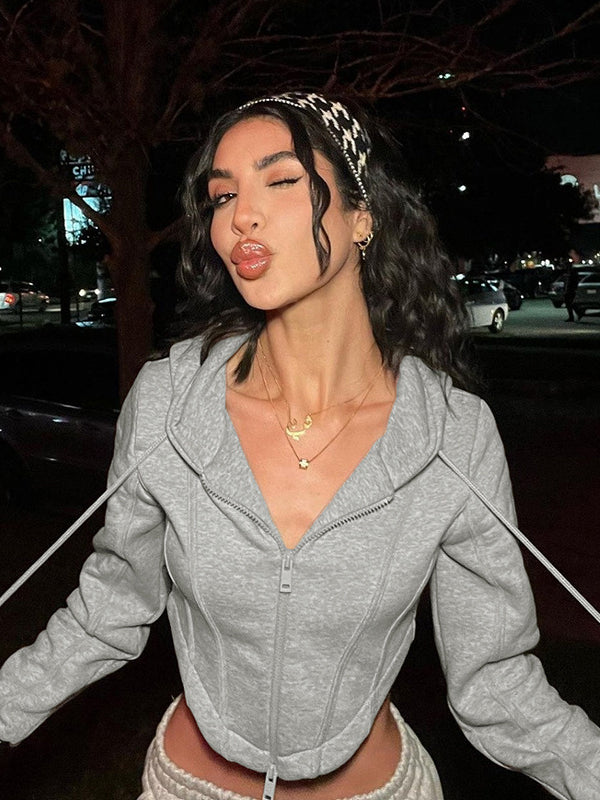 Langry fashion grey zip-up hoodie with gold necklace and headband