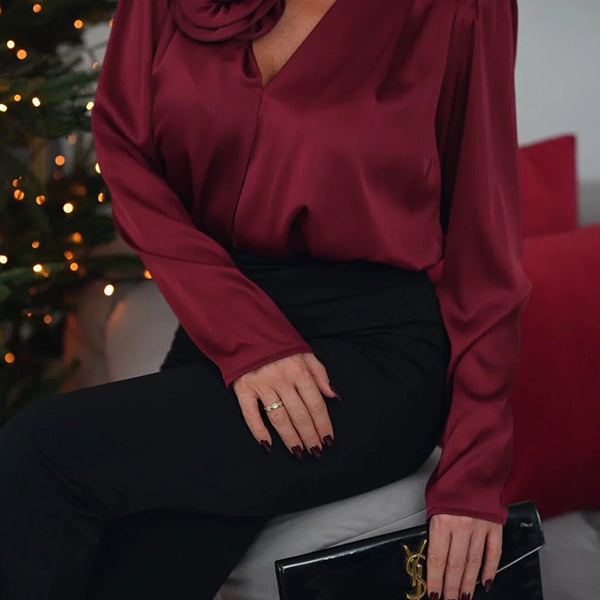 Long-sleeved deep red satin floral decoration shirt top with V-neck and ruffled embellishments