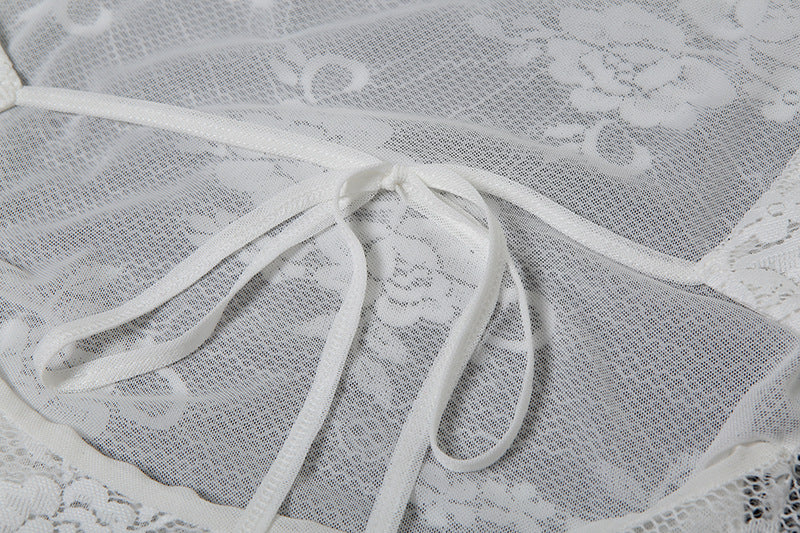 White lace mesh halter dress with tie strings, perfect for stylish and langry occasions