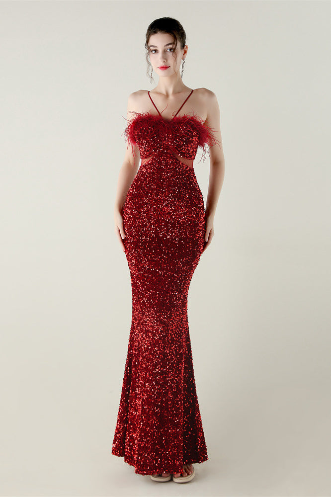 Red sequined mermaid gown with off-shoulder straps, fitted bodice by Langry fashion