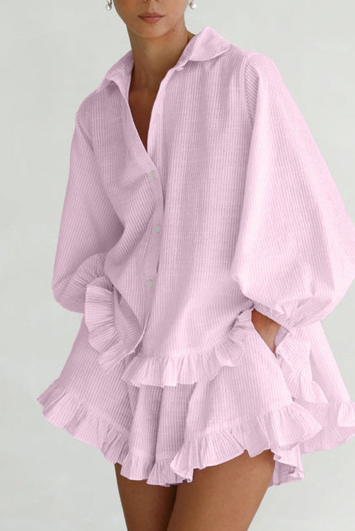 Elegant Puff Sleeve Ruffled Shirt Loose Shorts Two Piece Set