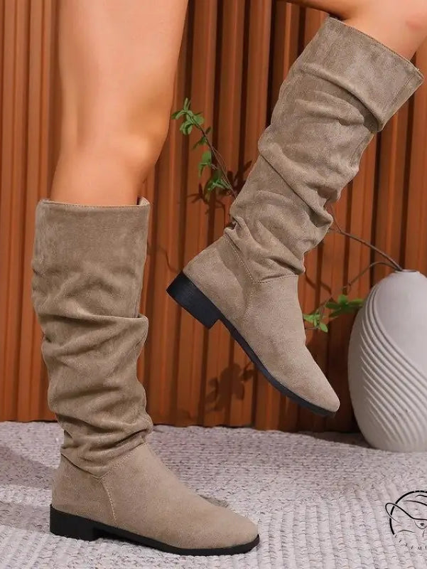 Pile Suede Slip on Knee High Boots