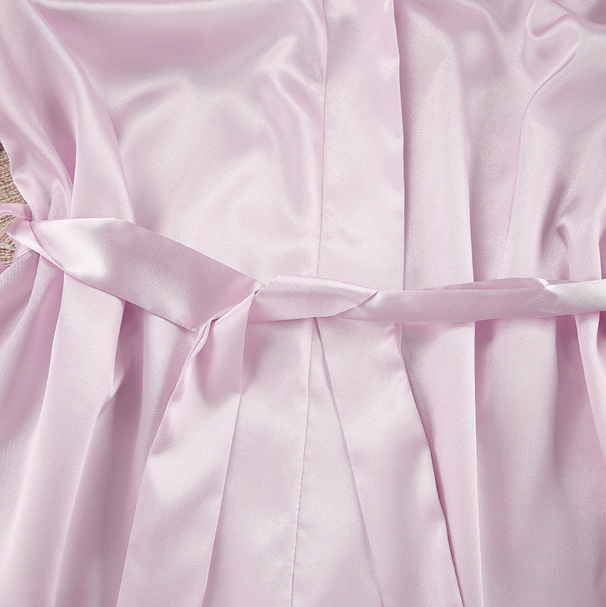 Light pink satin robe with tied belt, perfect for pink cardigan feather homewear lounging