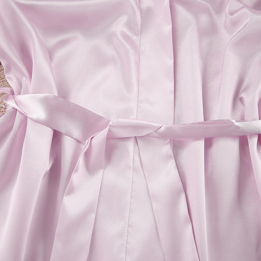 Light pink satin robe with tied belt, perfect for pink cardigan feather homewear lounging