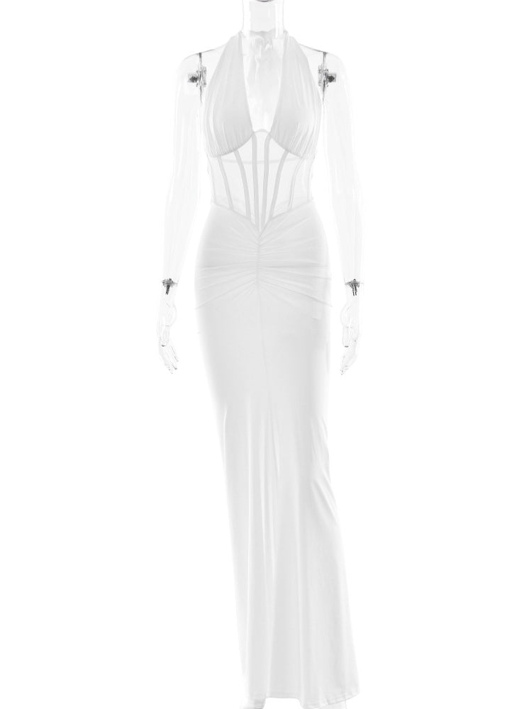 Elegant white langry fashion maxi sheath dress with halter neck, cutouts, and high slit