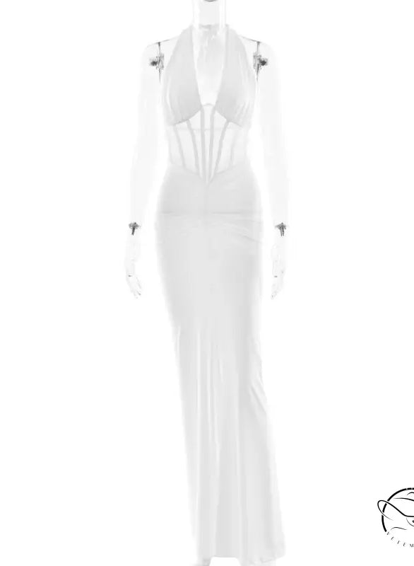 Elegant white langry maxi sheath dress with halter neck, cutouts and high slit