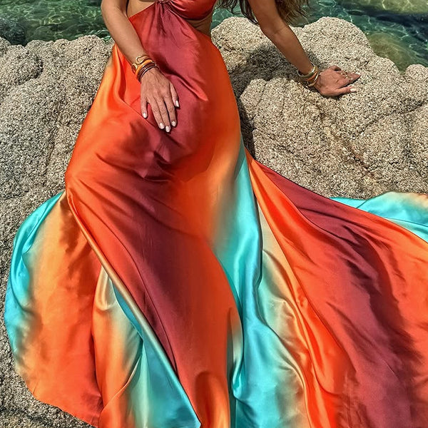 Flowing Exquisite Beach Dress in vibrant orange turquoise ombre pattern for summer fashion