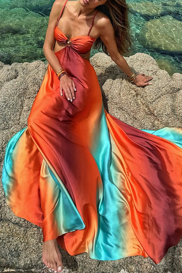 Flowing Exquisite Beach Dress in vibrant orange turquoise ombre pattern for summer fashion
